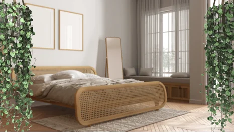 A bedroom with a bed and a mirror

AI-generated content may be incorrect.