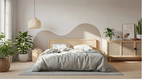 A bed with a wooden headboard and a lamp

AI-generated content may be incorrect.